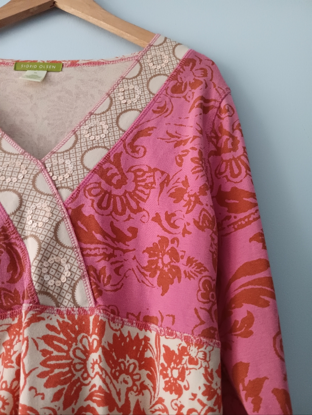 Sigrid Olsen Pink Cream Floral Sequin V Neck Cotton Boho Peplum Blouse XL - Picture 3 of 6
